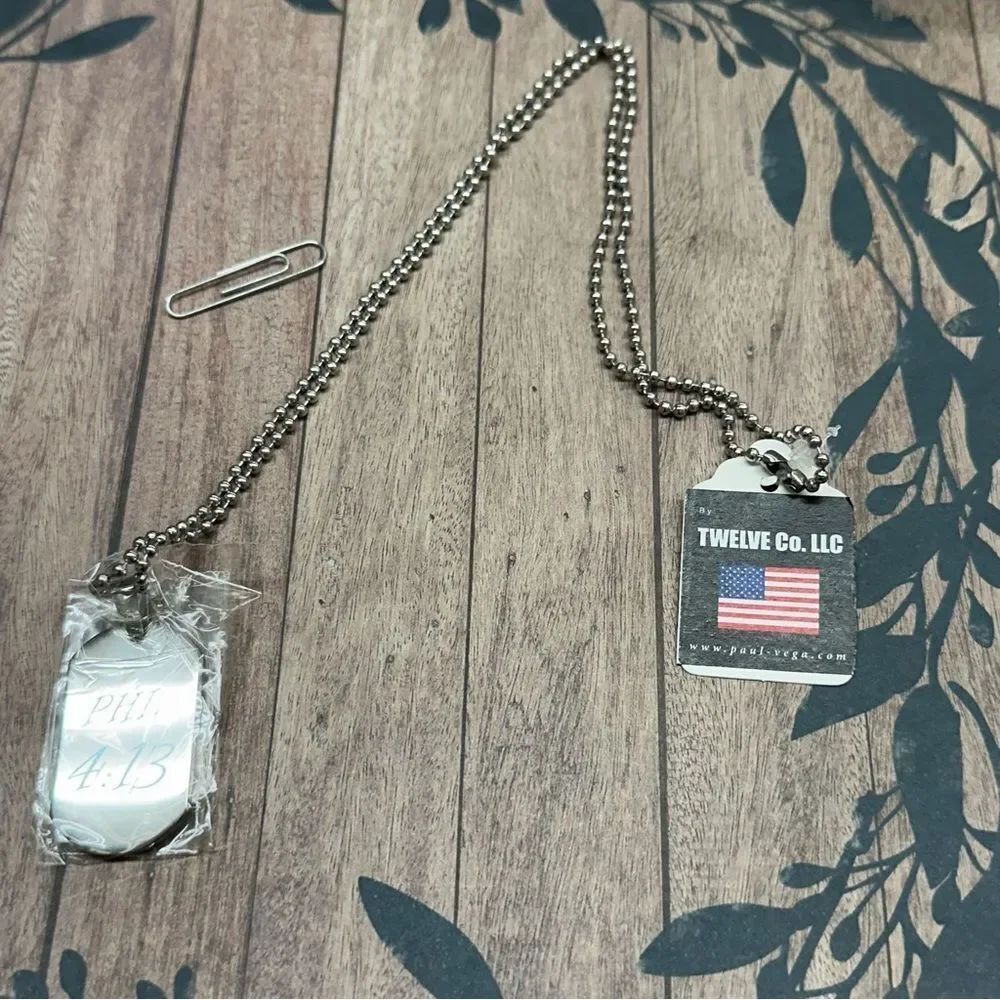 Paul Vega Phil 4:13 Stainless‎ Steel Dog Tag Necklace NWT B4